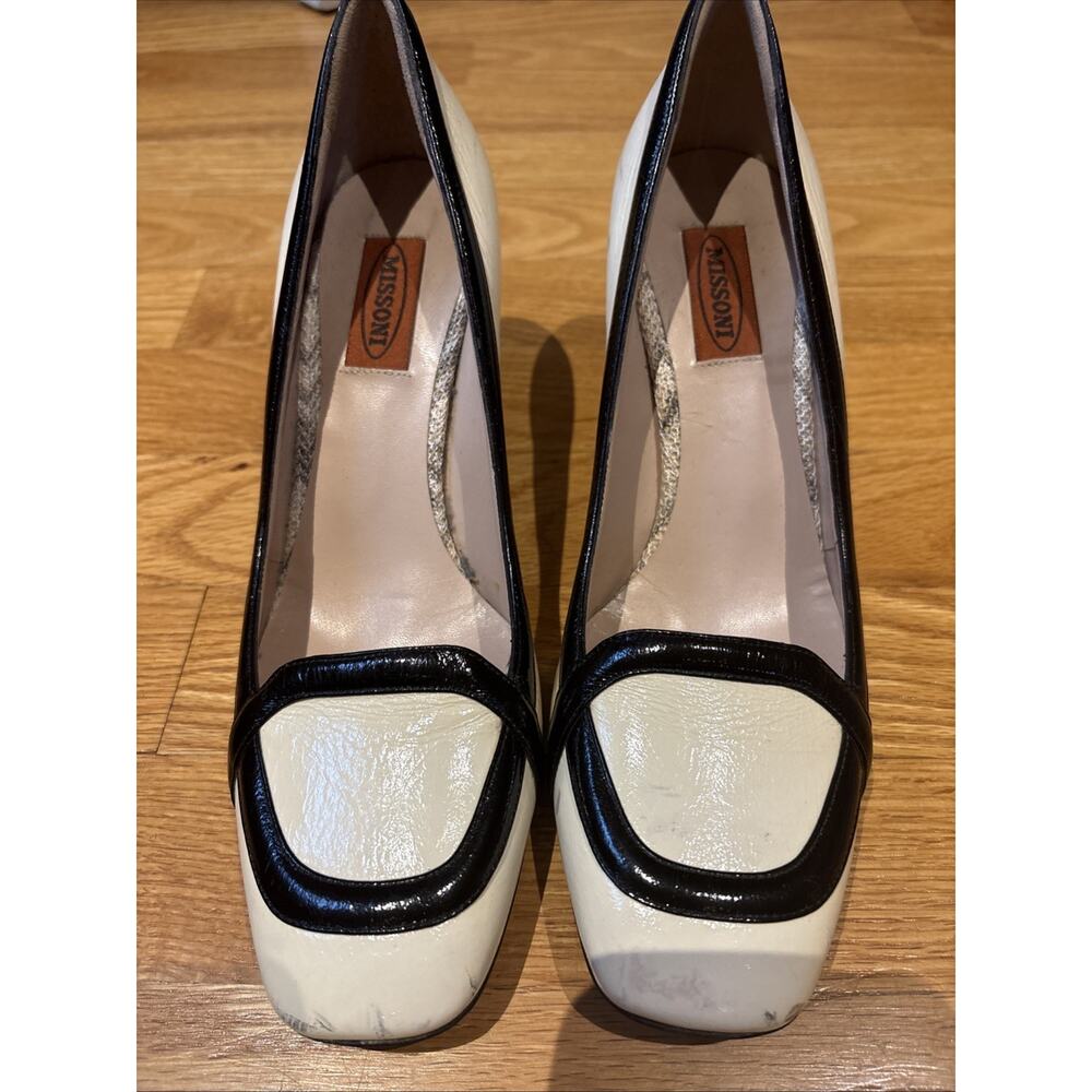 Missoni Patent Leather Trim bone black Chunky Square Toe Heels 38 Italy